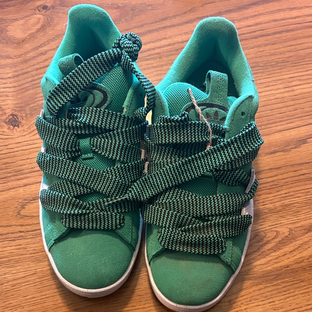 Adidas Green and White Sneakers with Patterned Laces